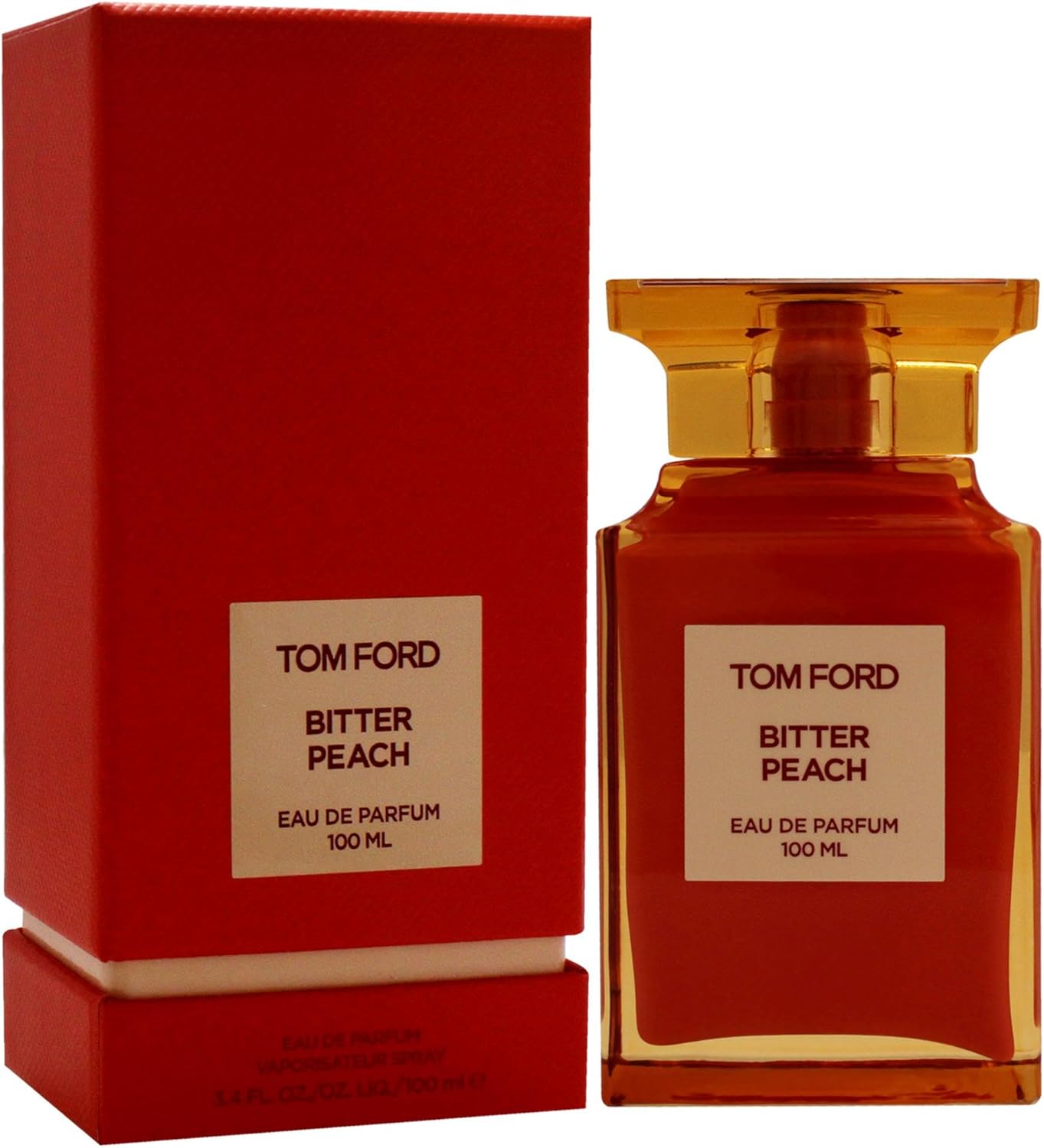 Tom Ford Bitter Peach eau de parfum bottle and packaging on a white background