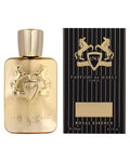 Gold perfume bottle with black cap on a white background
