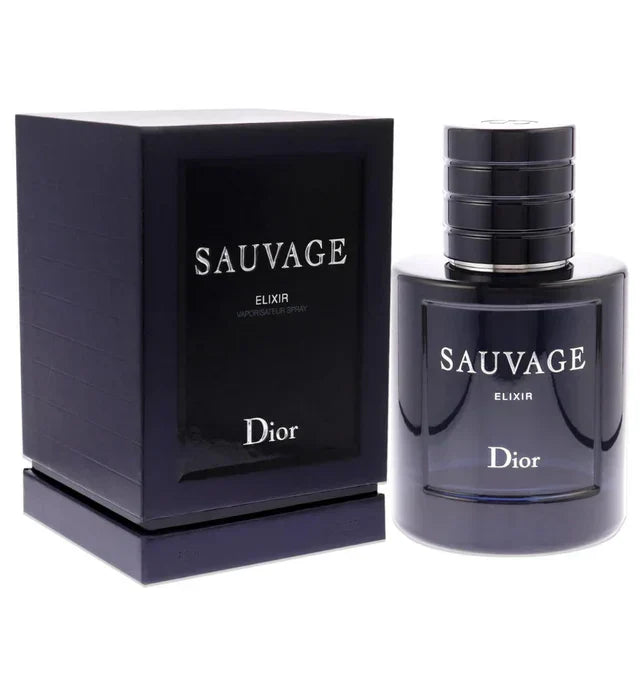 Dior Sauvage Elixir perfume bottle and packaging on a white background