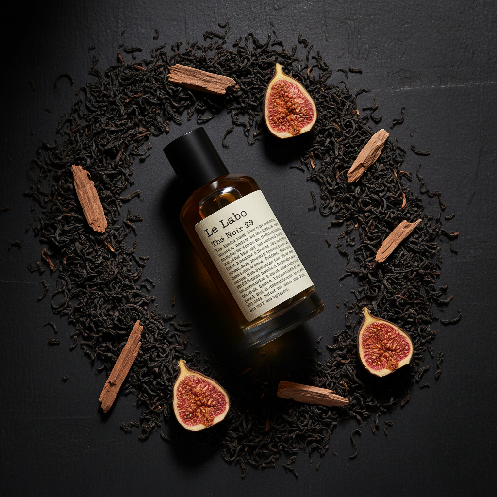 Le Labo The Noir 29 perfume bottle with black tea leaves dried fig and cedar on dark surface