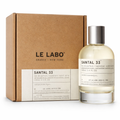 Le Labo Santal 33 eau de parfum bottle and packaging on a white background