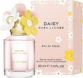Marc Jacobs Daisy Eau So Fresh perfume bottle and packaging with floral design.