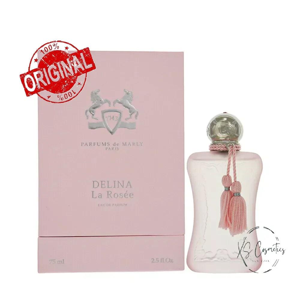 Parfum Delina La Rosée with packaging and '100% Original' stamp on a white background