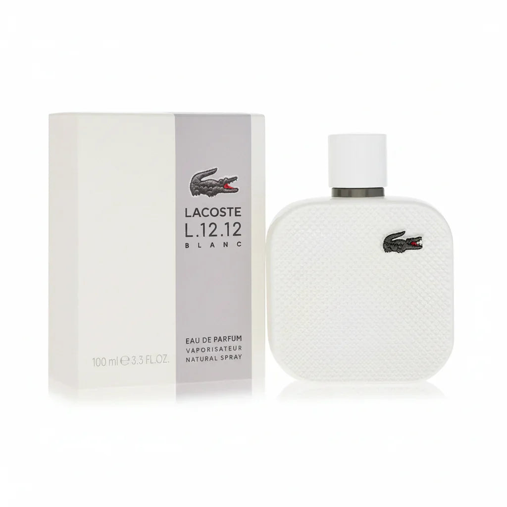 Lacoste L.12.12 Blanc perfume bottle and packaging on a white background