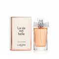 Lancème La Vie Est Belle perfume bottle and packaging on a white background
