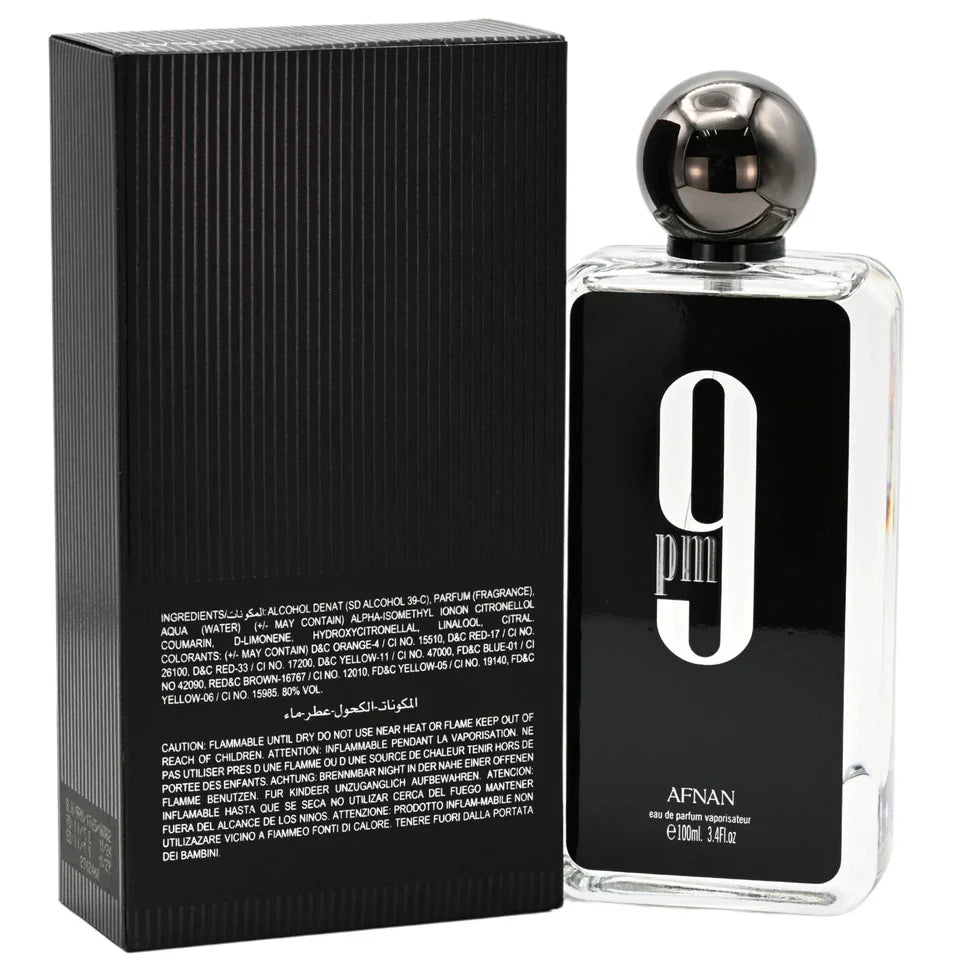 9 PM by Afnan Eau de Parfum Men's 3.4 oz perfume bottle and packaging