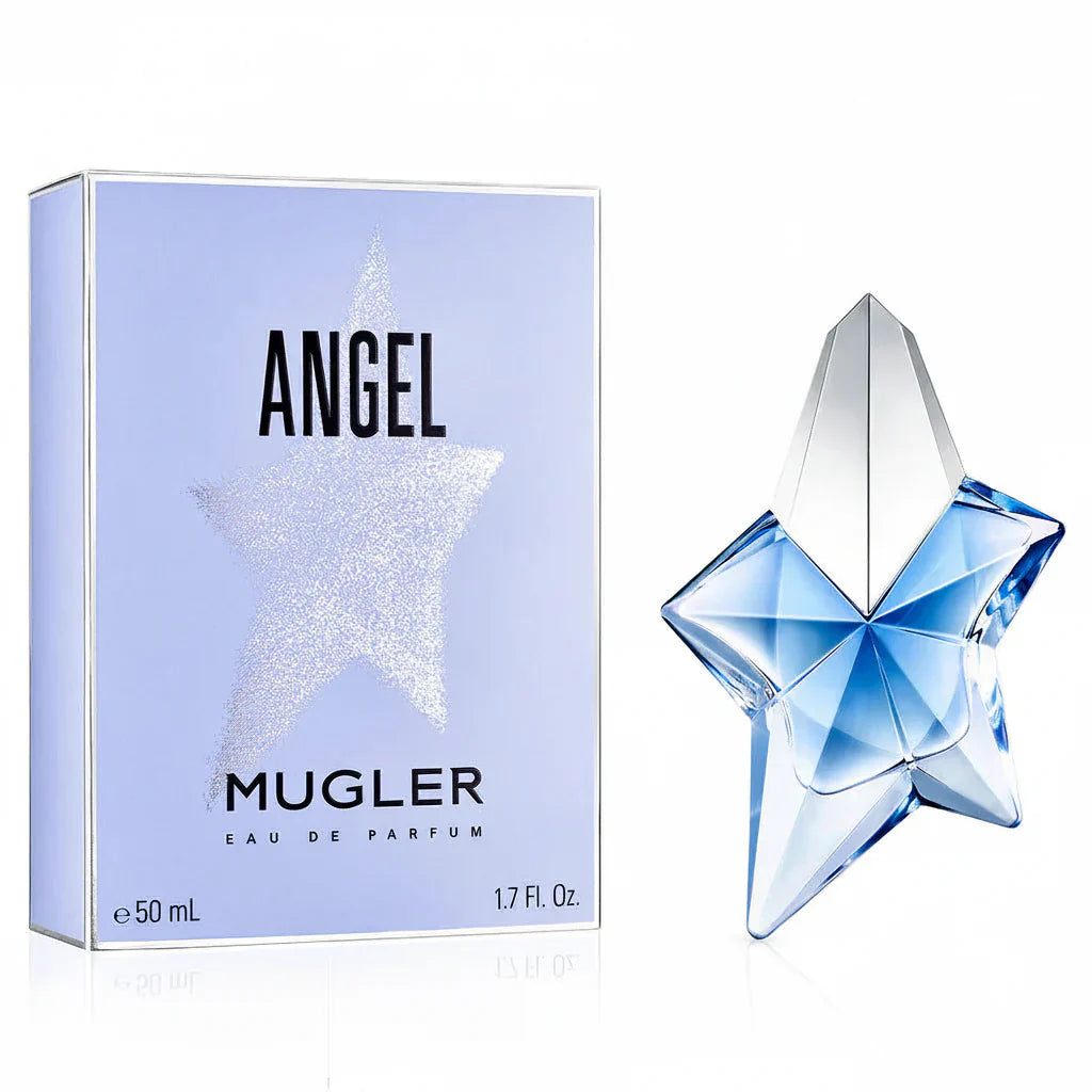 Mugler Angel perfume bottle and packaging on a white background