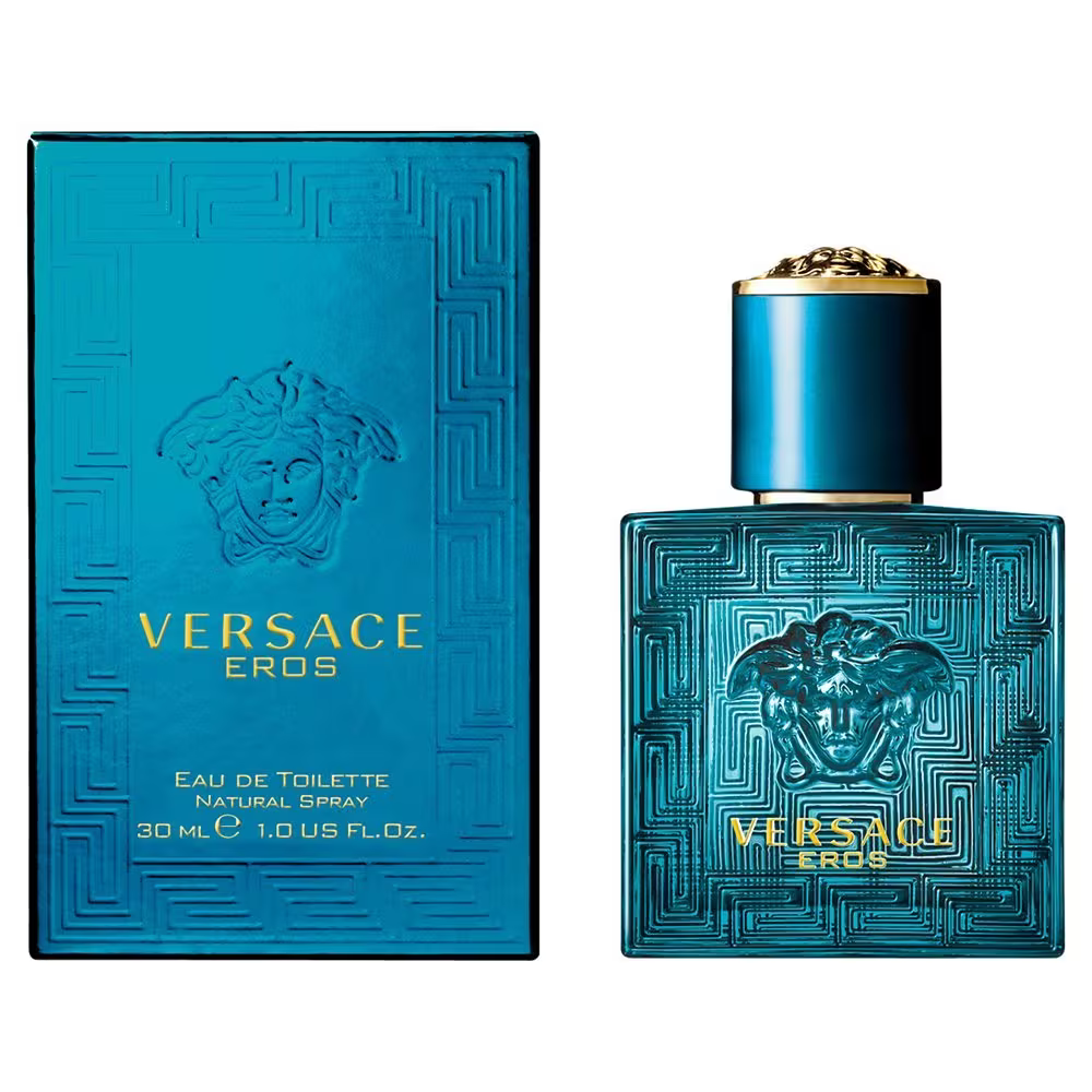 Versace Eros perfume bottle and packaging on a white background
